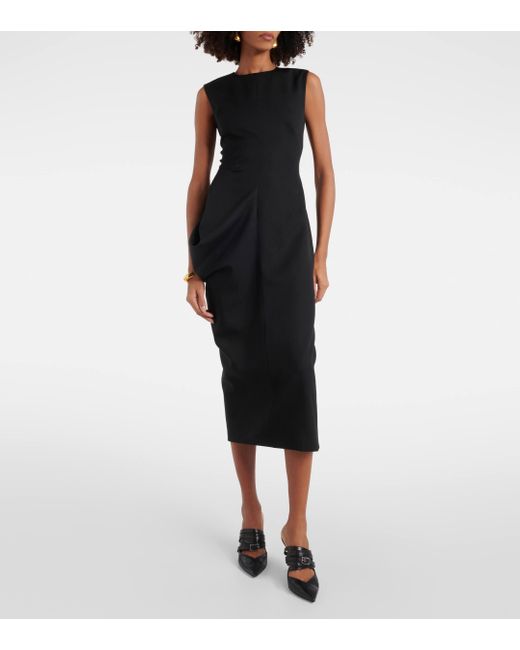 Alexander McQueen Black Draped Wool Midi Dress