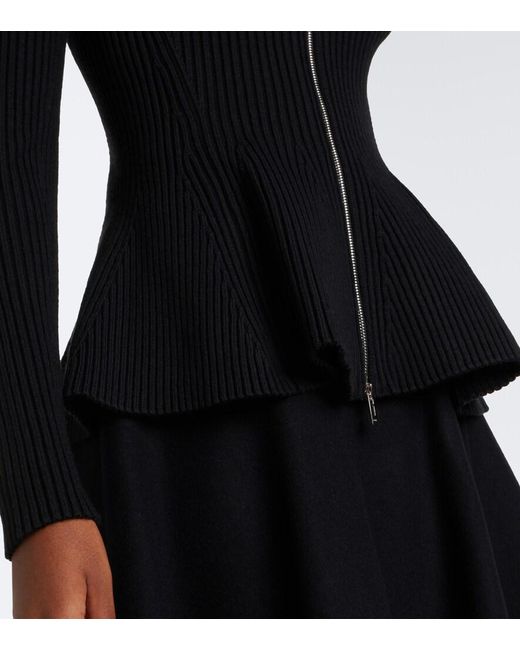 Alaïa Black Peplum Wool-Blend Zip-Up Cardigan
