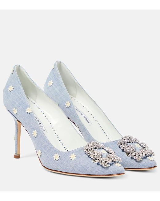 Manolo Blahnik White Verzierte Pumps Hangisi 90 aus Chambray