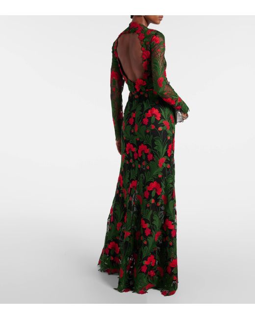 Oscar de la Renta Black Floral Open-Back Guipure Lace Gown