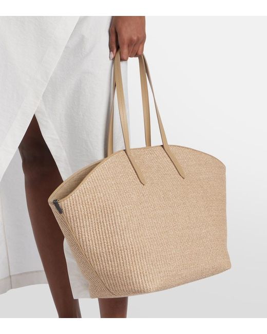 Brunello Cucinelli Natural Monili Leather-Trimmed Raffia-Effect Basket Bag