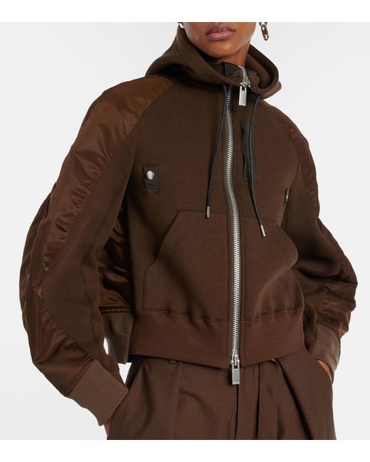 Sacai Brown Paneled Cotton-Blend Fleece Zip-Up Hoodie
