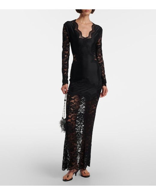 Rabanne Black Lace-Trimmed Jersey Maxi Dress
