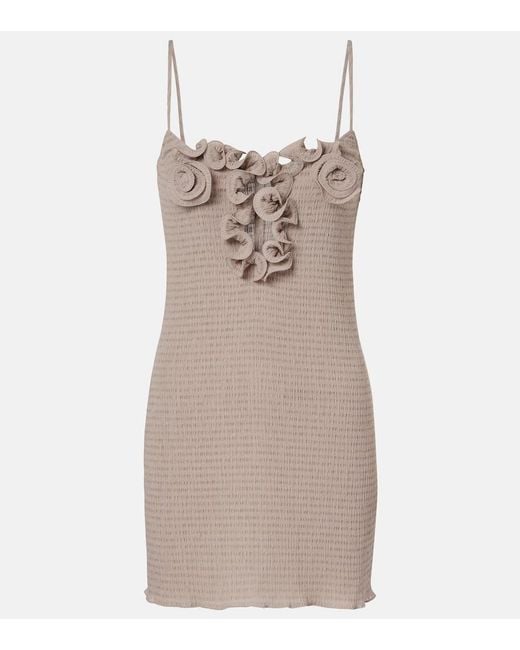 Magda Butrym Natural Floral-Applique Shirred Crepe Minidress