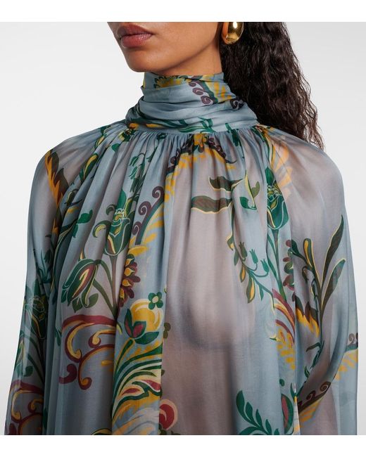 Etro Blue Printed Ruched Silk Top