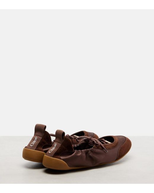 Chloé Brown Kick Suede-Trimmed Satin Flats