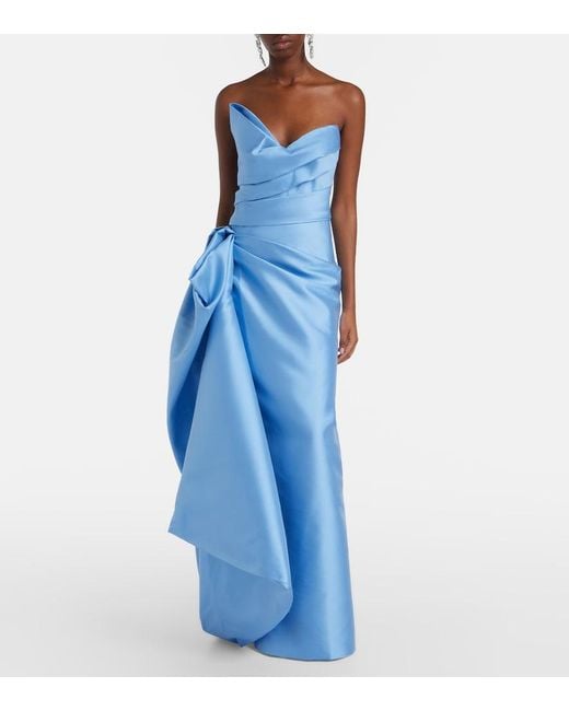 Monique Lhuillier Blue Draped Asymmetric Bustier Gown