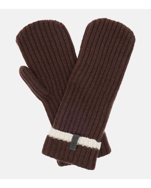 Brunello Cucinelli Brown Monili Ribbed-Knit Cashmere Mittens