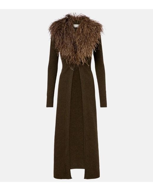 Blumarine Brown Feather-Trimmed Wool Cardigan