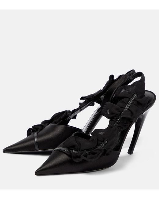 Nensi Dojaka Black Ruffled Satin Slingback Pumps