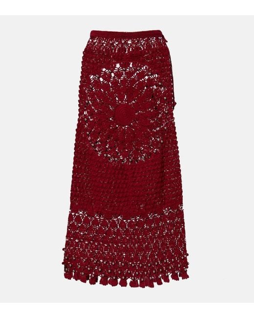 Rabanne Red Embellished Crochet Cotton Midi Skirt