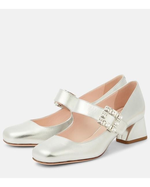 Roger Vivier White Tres Vivier Metallic Leather Mary Jane Pumps