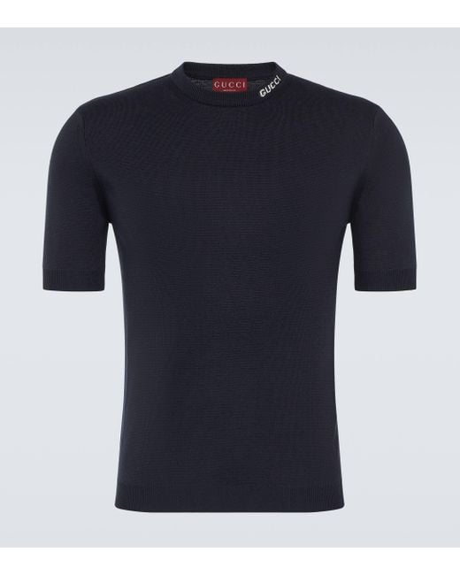 Gucci Blue Logo Silk And Cotton T-shirt for men
