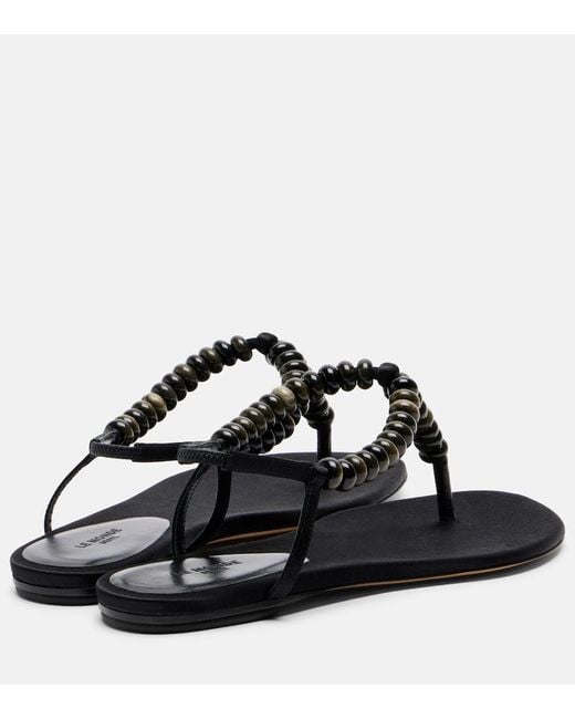 Le Monde Beryl Black Beaded Satin Thong Sandals