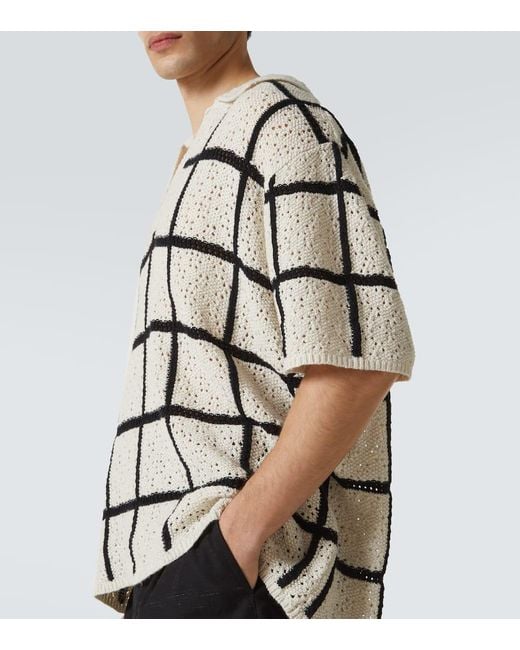 Commas White Checked Crochet Cotton And Wool Polo Shirt for men