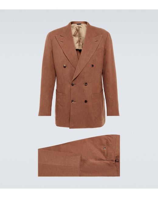 Thom Sweeney Brown Double-Breasted Linen Suit for men