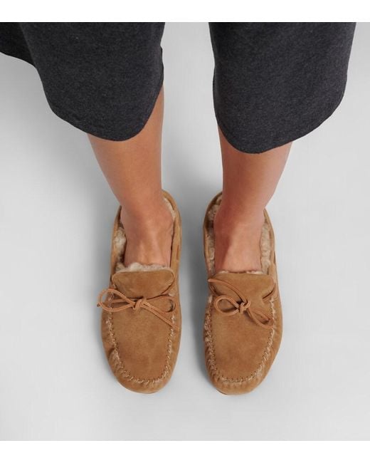 The Row Natural Lucca Shearling-Trimmed Suede Boat Shoes