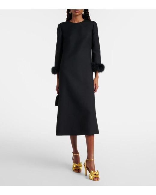 Valentino Black Crepe Couture Feather-Trimmed Midi Dress
