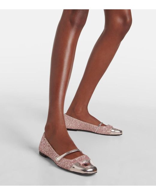 Jimmy Choo Pink Elisa Leather-Trimmed Glitter Ballet Flats