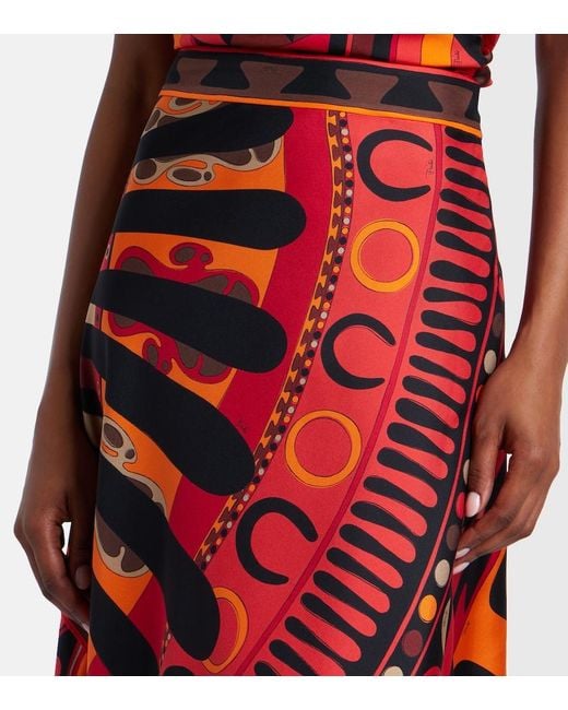 Emilio Pucci Red Soleil Asymmetric Silk Twill Midi Skirt