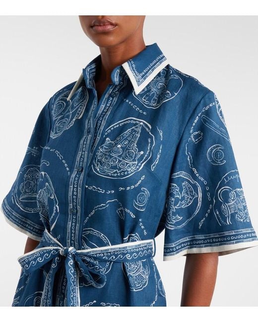 ALÉMAIS Blue Lucky Belted Printed Linen Shirt Dress
