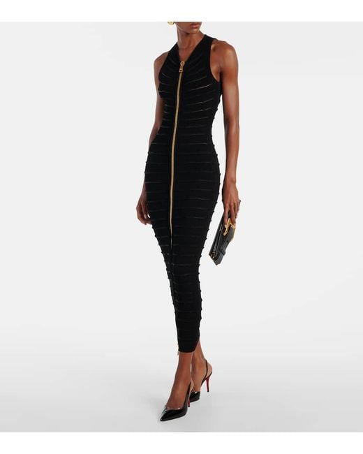 Balmain Black Knitted Cutout Midi Dress