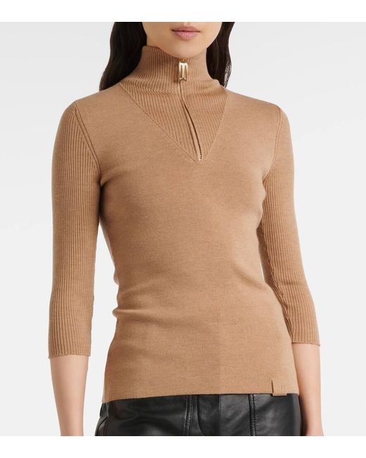 Victoria Beckham Brown Wool-Blend Half-Zip Sweater