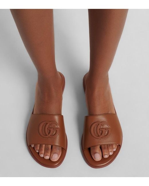 Gucci Brown Double G Leather Slides