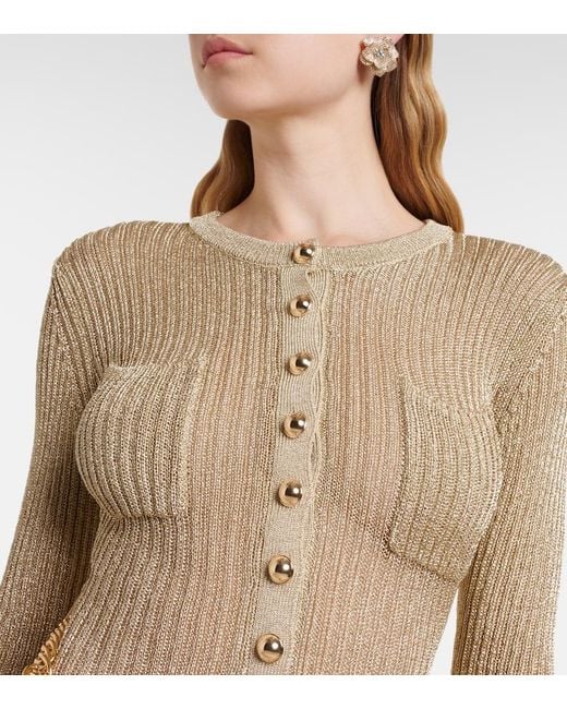 Self-Portrait Natural Ribbed-Knit Lame Midi Dress