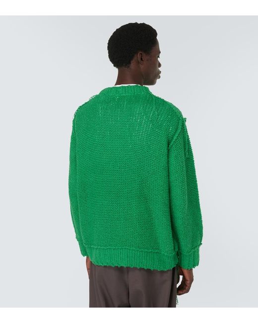 Sacai Green Distressed Cotton Sweater for men