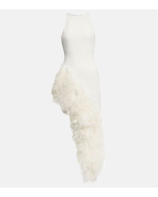 David Koma White Feather-trimmed Crepe Gown