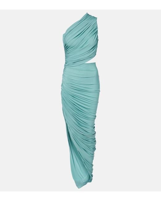 Alaïa Green Asymmetric Ruched Jersey Maxi Dress