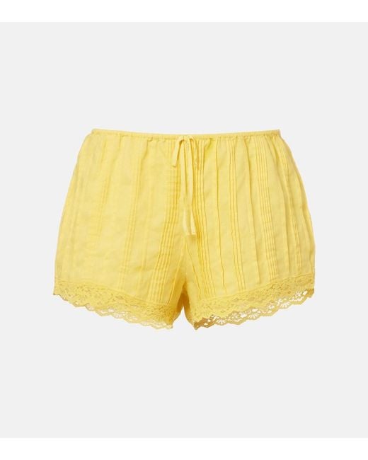 Doen Yellow Leda Lace-Trimmed Shorts