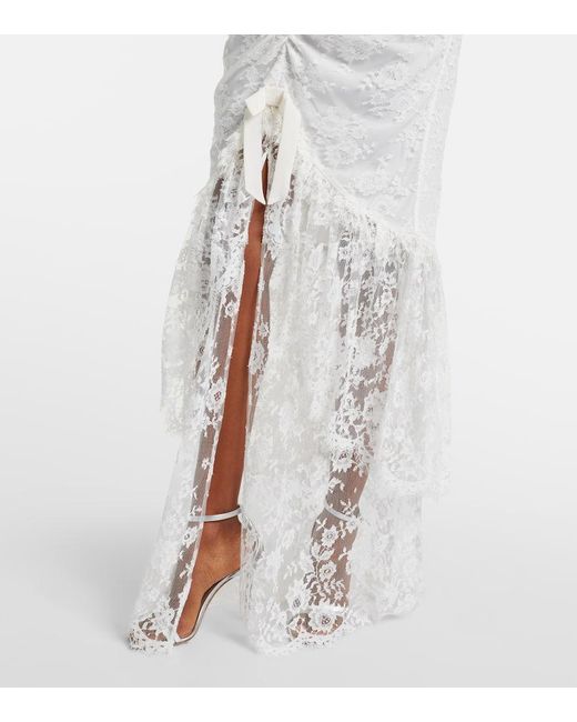Alessandra Rich White Bow-Detail Ruched Lace Gown