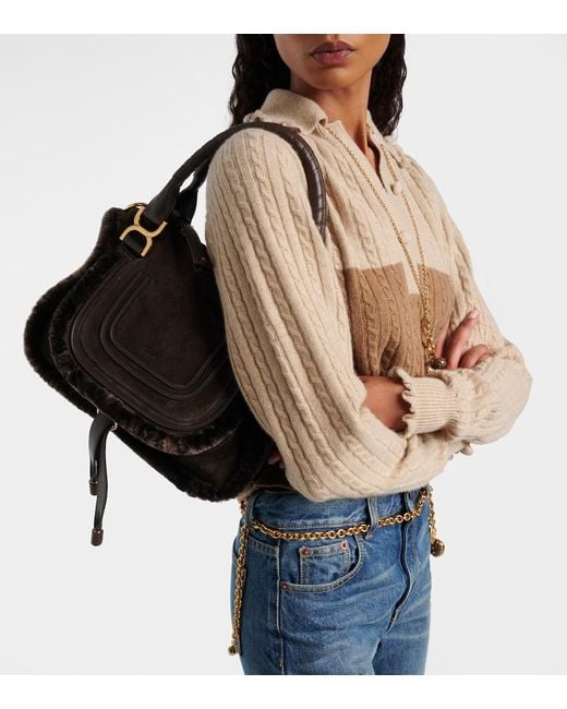 Chloé Black Marcie Small Shearling-Trimmed Suede Tote Bag