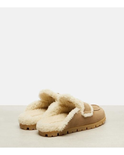 Prada Natural Shearling-Lined Suede Mules