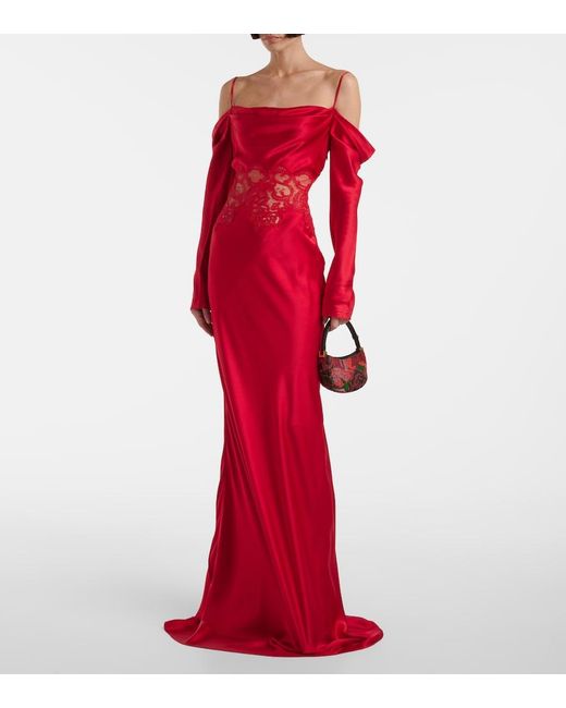 Rebecca Vallance Red Rubia Lace-Trimmed Silk Satin Gown