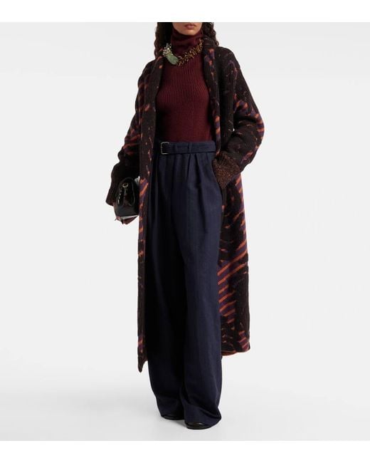 Dries Van Noten Blue Belted Wool Wide-Leg Pants