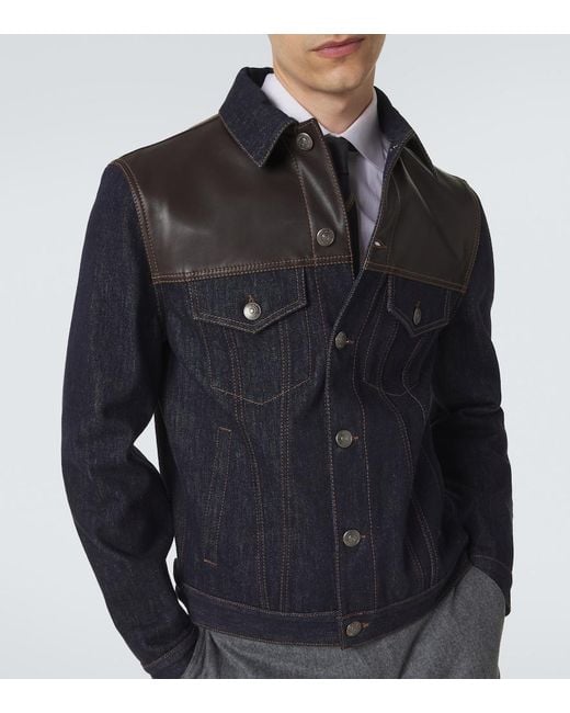 Brunello Cucinelli Blue Leather-Trimmed Denim Jacket for men