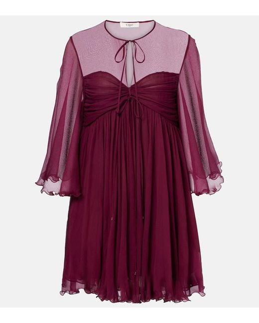 Chloé Red Sheer Ruched Silk Minidress