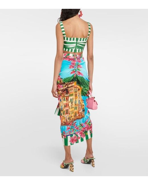 Dolce & Gabbana White Portofino Ruched Silk Midi Skirt