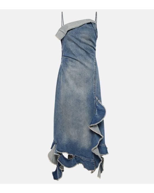 Acne Blue Delouise Ruffled Denim Midi Dress