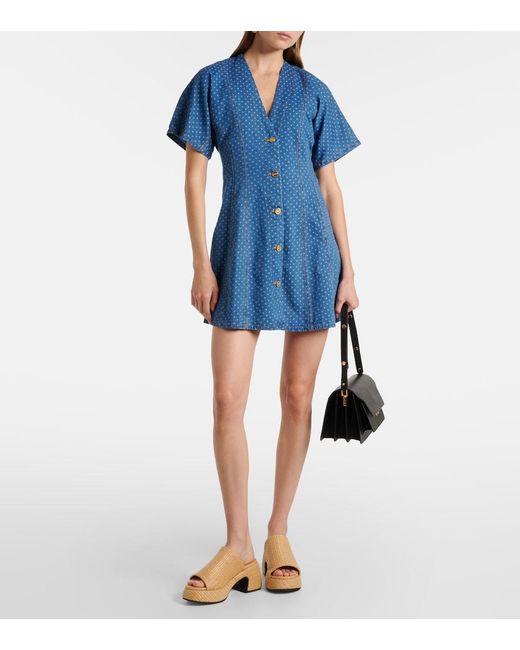 Ganni Blue Polka-Dot Denim Minidress