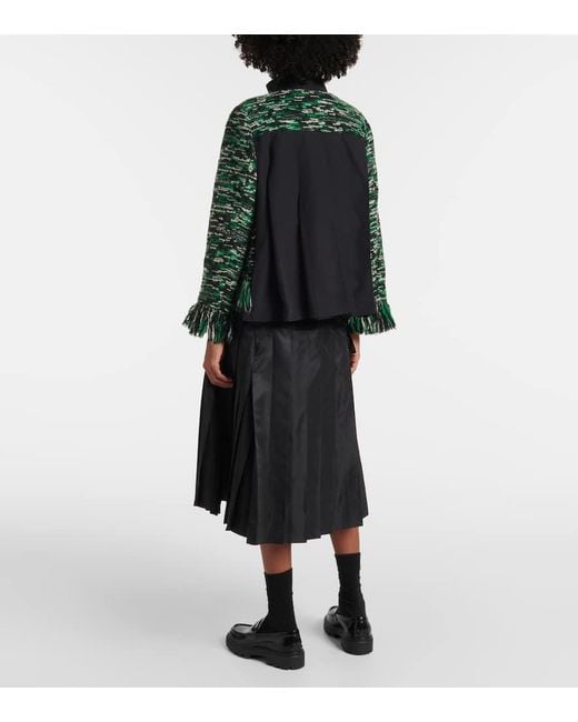 Sacai Green Fringed Wool-Blend Tweed Jacket