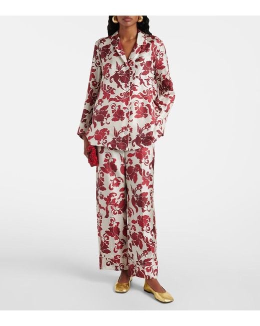 Max Mara Red Leda Printed Silk Wide-Leg Pants