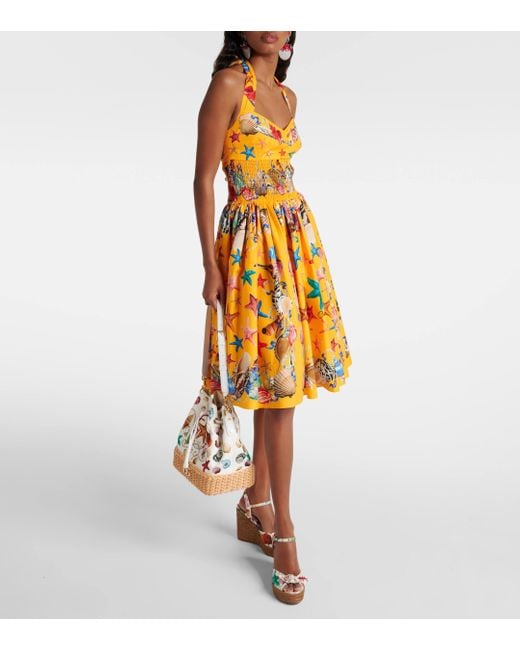 Dolce & Gabbana Yellow Capri Printed Shirred Cotton Midi Dress
