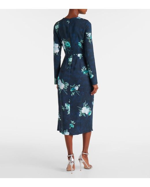 Erdem Blue Floral Stretch Cady Draped Midi Dress