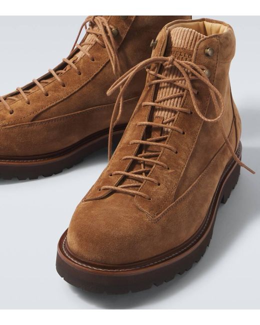 Brunello Cucinelli Brown Corduroy-Trimmed Leather Lace-Up Boots for men