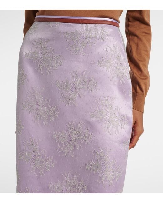 JACQUES WEI Purple Embroidered Leather-Trimmed Lace Midi Skirt