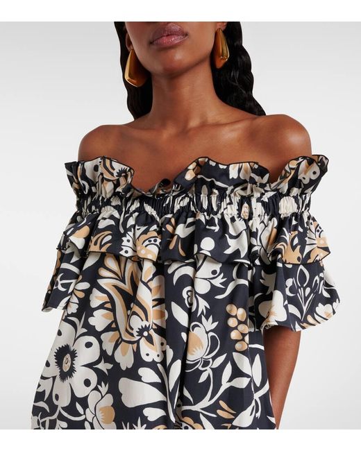 LaDoubleJ Black Breakfast Ruffled Cotton Poplin Midi Dress
